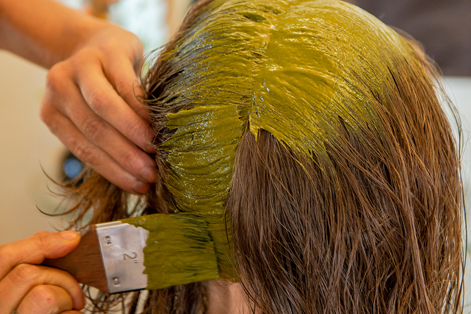 Eine gelb-braune Farbe wird mit einem Pinsel auf das Haar einer Frau aufgetragen