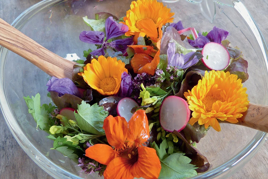 Bunter Salat mit Ringelblumen in gelb, orange und lila in einer Glasschüssel