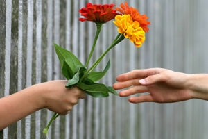 Am Tag der spontanen Nettigkeiten bekommt jemand einen Blumenstrauß mit der Hand