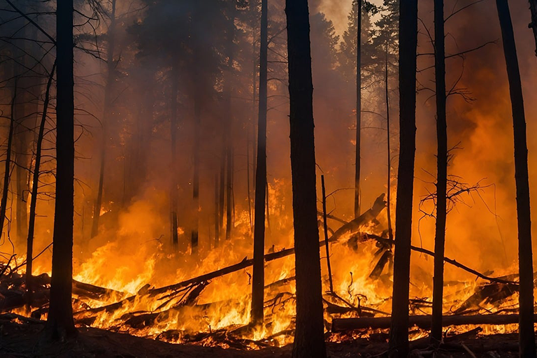 Waldbrand mit loderndem Feuer und umgestürzten Bäumen