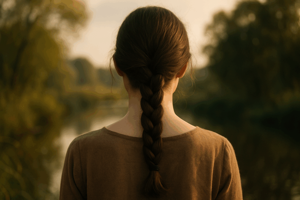 Rückenansicht einer Frau mit Zopf, umgeben von sanfter, goldener Abendstimmung in der NATUR.