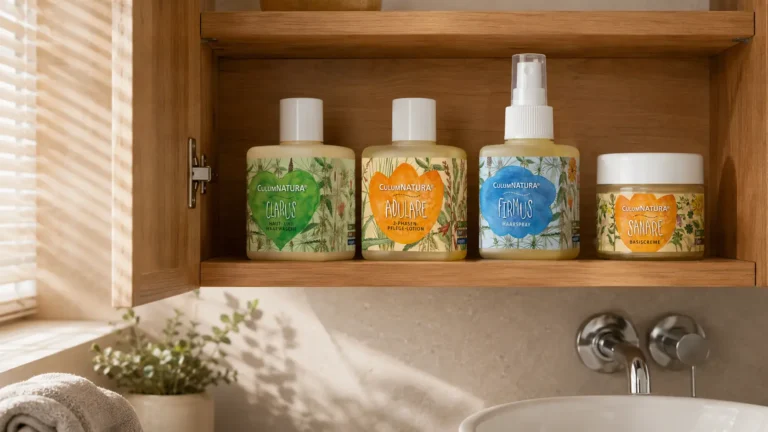 CULUMNATURA Pflegeprodukte clarus, adulare, firmus und sanare in einem offenen Badezimmerschrank aus Holz.
