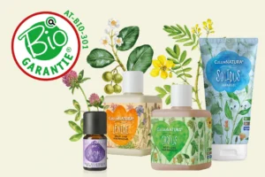 Bio-zertifizierte CULUMNATURA® Kosmetik mit Austria Bio Garantie Siegel und Pflanzenillustrationen