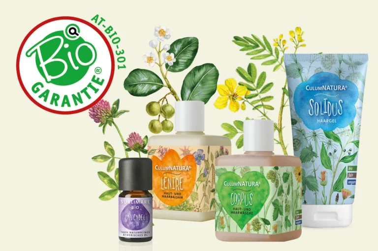 Bio-zertifizierte CULUMNATURA® Kosmetik mit Austria Bio Garantie Siegel und Pflanzenillustrationen